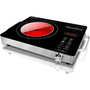 14" Portable Infrared Burner 3500 Electri Burner with 3 Hours Timer-Electric Hot Plate Touch Control Panel Adjustable Heating Power Glass Plate Electric Cooktop for Cooking (Black)