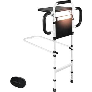 Bed Rails for Elderly Adults Safety with Foldable Tray & Motion Sensor Light, Adjustable Height Bed Assist Bar with 3 Handles, 350 lbs Capacity Bedside Support Rail, Easy to Install