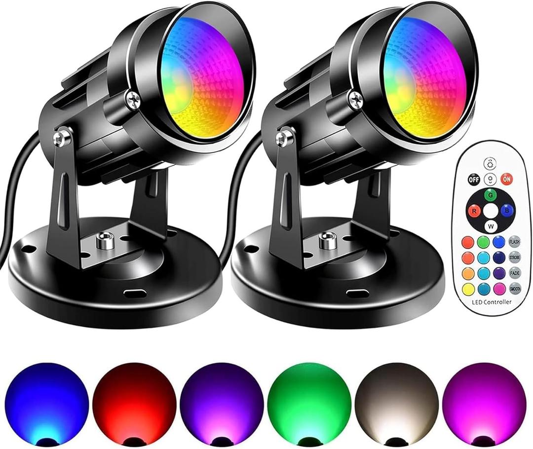 FZWLE RGBW 6W Color Changing Spot Lights with Remote, 16-Color Uplighting Indoor, 120V Plug-in & 6FT Cord, Includes Floor Foot Switch & Base (2-Pack)