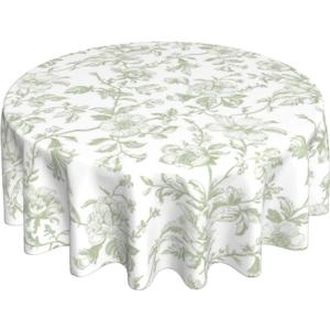 Sage Green Floral Round Tablecloth 70 Inch Chinoiserie Flower Toile Light Green Table Cloth Vintage Polyester Fabric Farmhouse Round Floral Table Cover for Party Picnic Kitchen Outdoor Decor