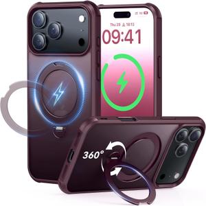 360 Spin Magnetic Stand (Pro-Version) for iPhone 17 Pro Max Case (Compatible with MagSafe) [Military Drop Protection] Matte Translucent Shockproof Protective Phone Case 6.9'', Red