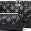 BOYATU Travel Makeup Bag Cosmetic Pouch: 2 Pcs Set Waterproof Vegan Leather Cosmetic Bags for Women - Cute Quilted Skincare Make up Toiletry Bag for Girl (02-Black)
