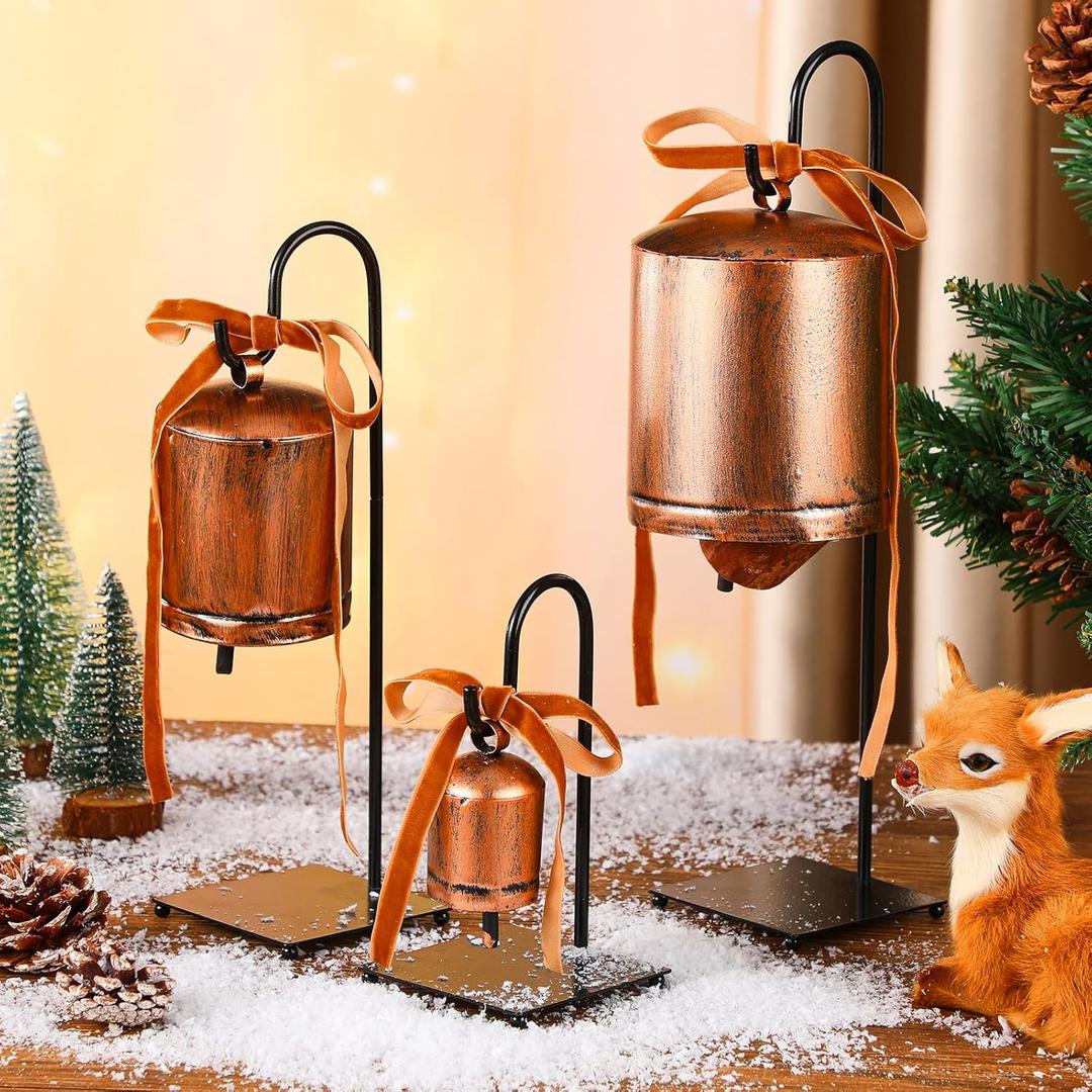 3 Pcs Farmhouse Decorative Bells Stands Giant Vintage Metal Cow Bells Table Decor with Velvet Ribbon Rustic Country Decor Brass Antique Country Gifts Hanging for Table Window
