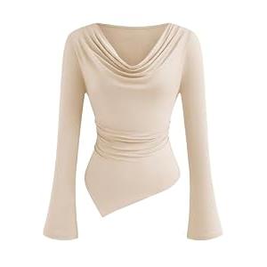 PRETTYGARDEN Womens Bell Long Sleeve Shirts Casual Cowl Neck Asymmetrical Slim Fit Crop Tops Y2K Going Out Spring Clothes (Beige,XXL)