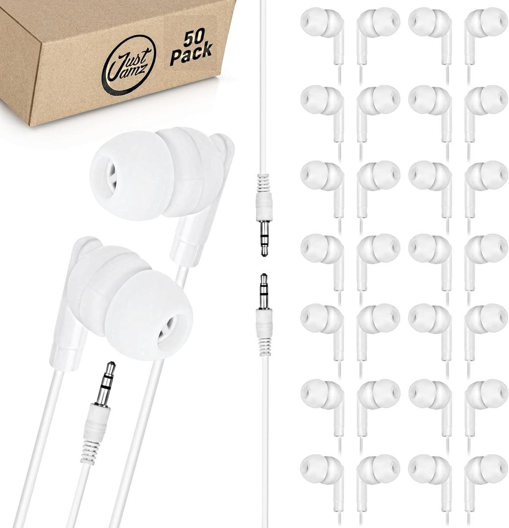 JustJamz Bulk Earbuds 50 Pack | Basic Earbuds, Pearl White In-Ear Earphones, Disposable Headphones, Wired