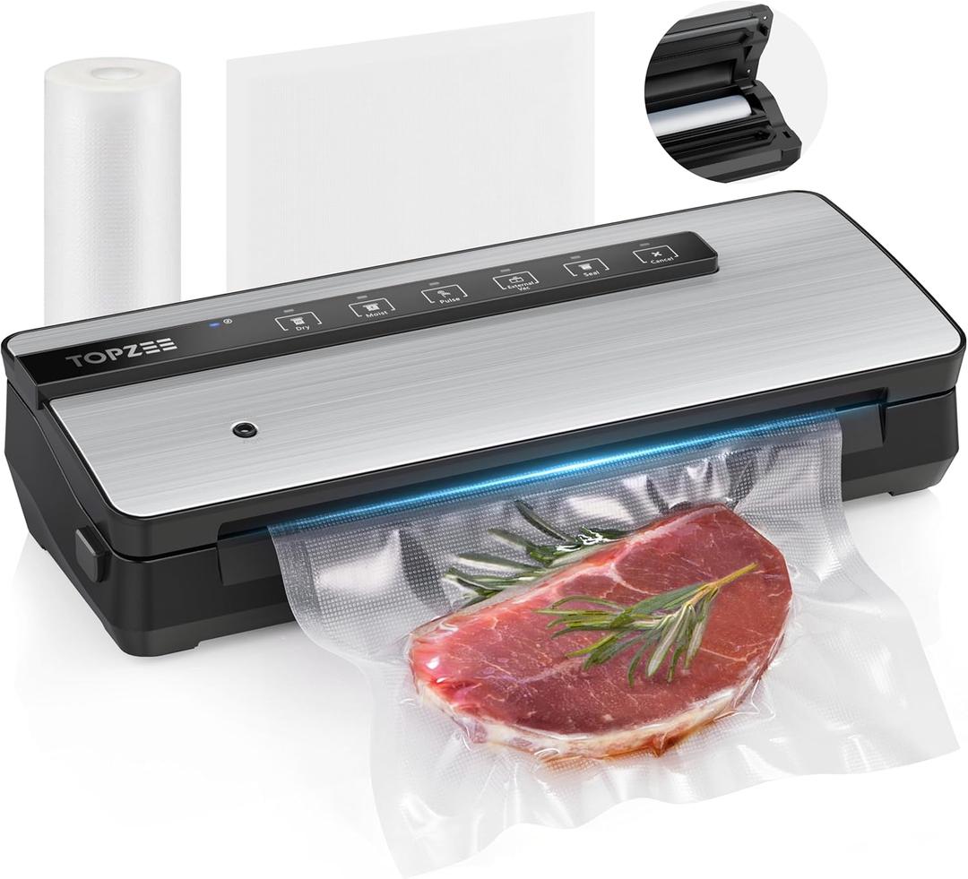 Vacuum Sealer for Food - 90kpa Vacuum Sealer Machine with Bags Storage and Built-in Cutter, Food Sealer with External Vac Function, Dry Moist Modes, Bag Roll included, Stainless Steel (Silver)