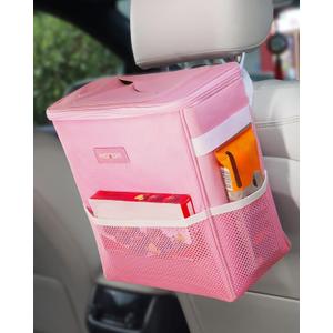 HOTOR Car Trash Can with Lid and Storage Pockets - 100% Leak-Proof Organizer, Waterproof Garbage Can, Multipurpose Trash Bin for Car, 2 Gallons, Pink