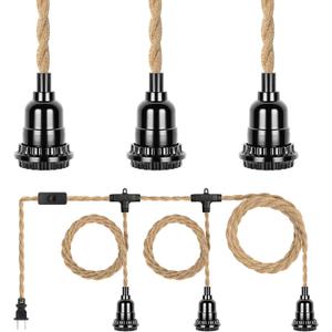 Plug in Hanging Light Fixture, 20FT 3 Bulbs Pendant Lamp Lights Cord with Switch Cord E26 Bulbs Socket, Industrial DIY Twisted Hemp Rope Overhead Lamps for Farmhouse Bedroom Home Lighting Decors