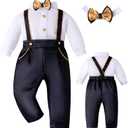 Booulfi Baby Boy Toddler Suits Boys Formal Clothes Bowtie Shift Suspenders Gentleman Outfit Boy Clothes 3 Months-3T (White)