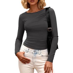 BTFBM Womens Tops 2025 Fall Clothes Long Sleeve T Shirts Boat Neck Ruched Slim Fit Casual Stretchy Going Out Outfits, XXL