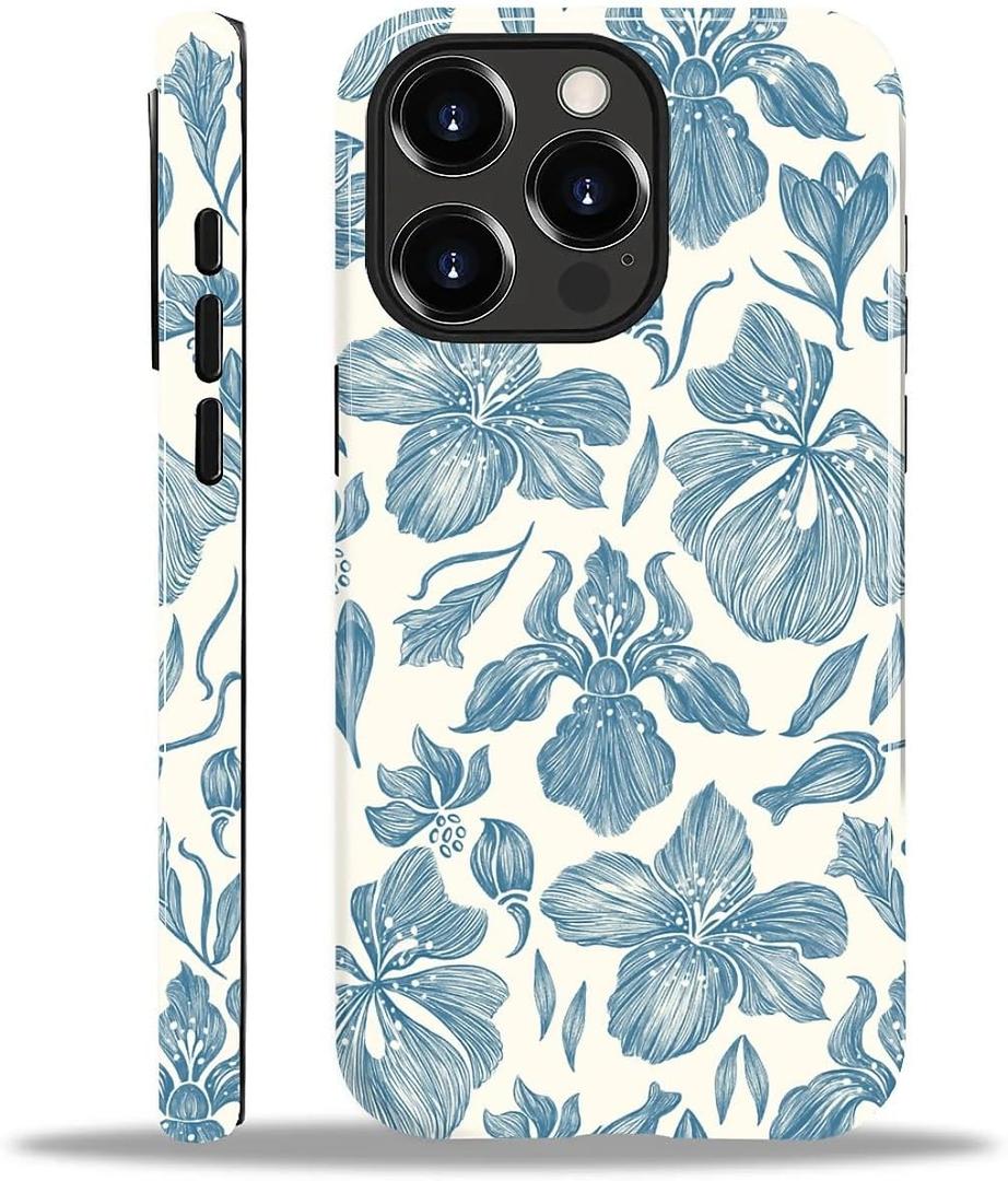 Case for iPhone 15 Pro, Hybrid 2-Layer Case, Military-Grade Protection Durable Shockproof Anti-Scratch Phone Cover, Indigo Floral Grace