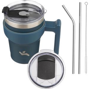 10 oz Tumbler with Handle and 2 Straw 2 Lid, Insulated Water Bottle Stainless Steel Vacuum Cup Reusable Travel Mug, Navy Blue