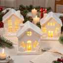 NEROSUN Ceramic Christmas Village Houses, 5Pcs LED Lighted Porcelain White Small House Tabletop Figurines, Light Up Christmas Decorations for Home Shelf Cabinet Table Winter Decor