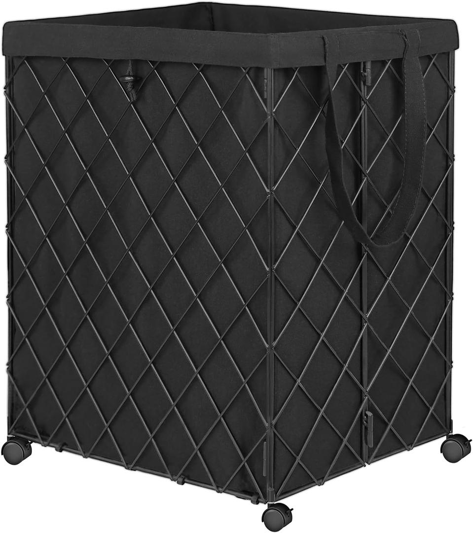 Laundry Hamper on Wheels-93L Basket Large Laundry Collapsible With Removable Liner,Rolling Metal Wire Basket-Sturdy Laundry Bag for Dirty Clothes Organization Closet Bathroom Living Room (1 Pack, Black)