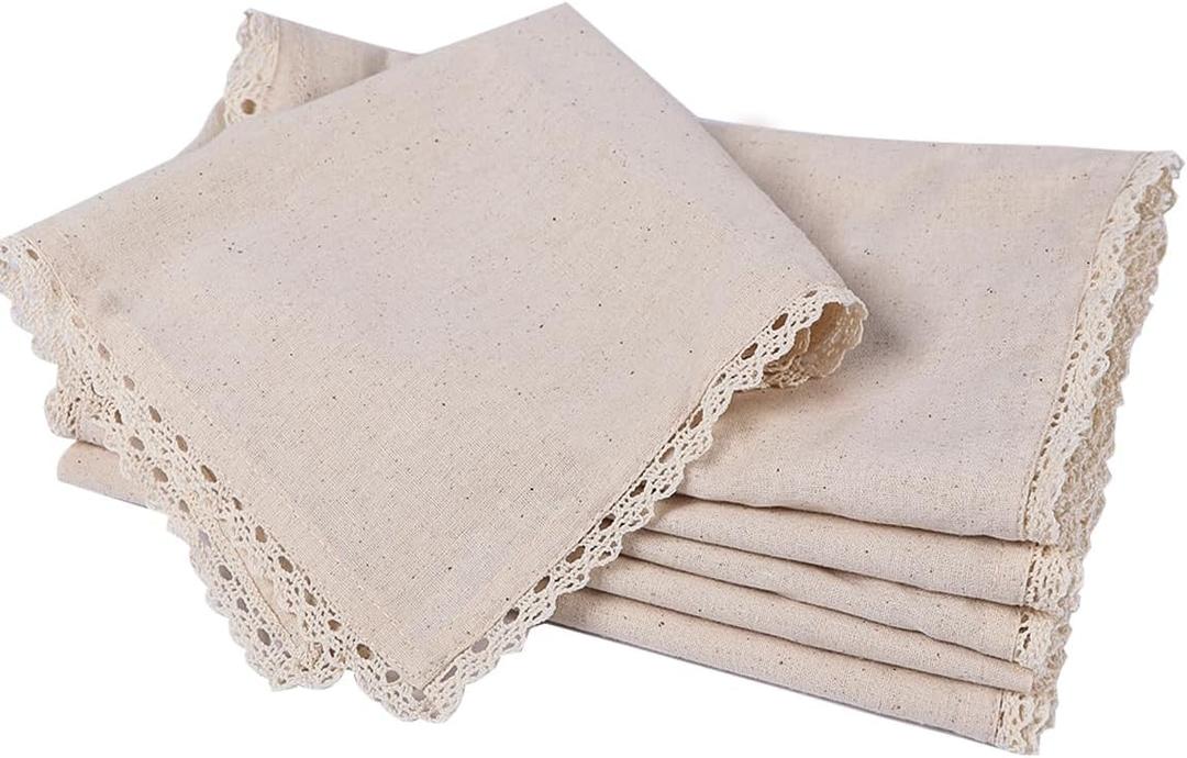 Dinner Cloth Napkins Cotton Linen 6 Pack Premium Quality Mitered Corners with Elegant Lace for Every Day Use Napkins (Beige, 20" x 20", 6 Pcs)