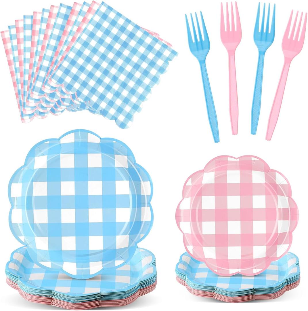 96 Pcs Baby Gender Reveal Plates and Napkins Set Party Supplies Pink and Blue Gingham Tableware Scalloped Plates Napkins and Forks for Baby Shower Birthday Party Decorations, For 24 Guest