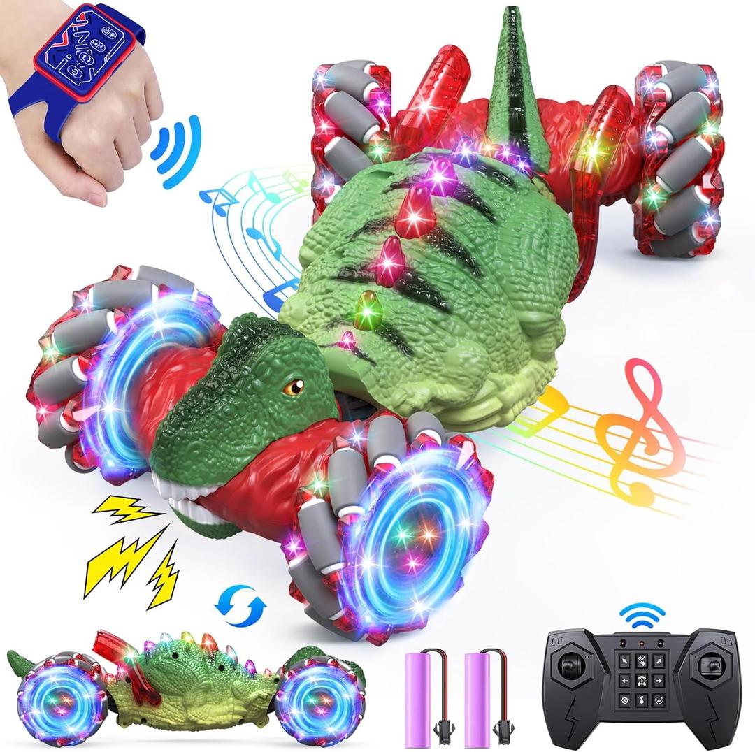 Remote Control CarDinosaur Toys car for Kids2.4GHz LED Gesture Sensing RC Car4WD Rotation RC Stunt Car with Lights and MusicDino Toys for Kids Ages 3 4 5 6 7 Gifts for Boys Girls(Red)