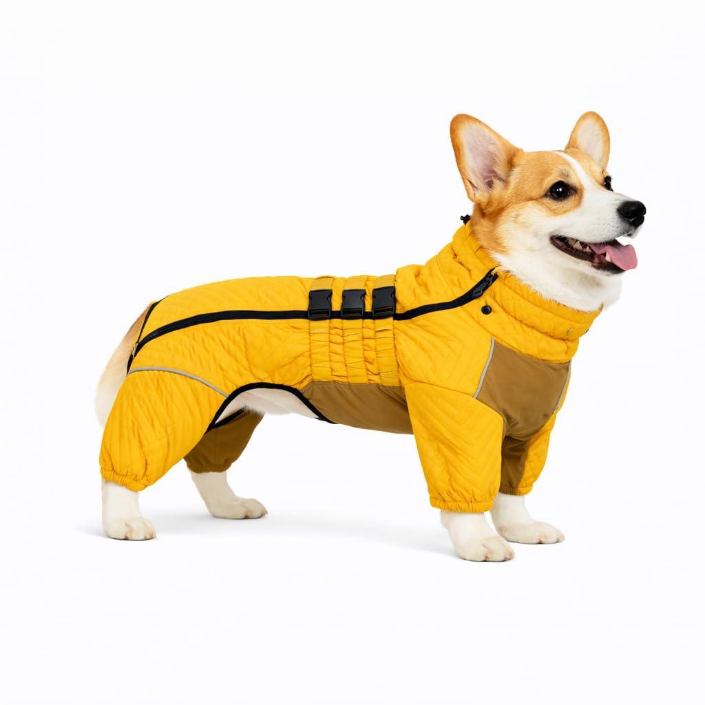 Lovelonglong Warm Dog Coat Double Layers Dog Vest, 4 Legs Covered Windproof Waterproof Reflective Warm Dog Vest Outdoor Skating Dog Costume for Corgis Dachshund Dog Yellow D-M