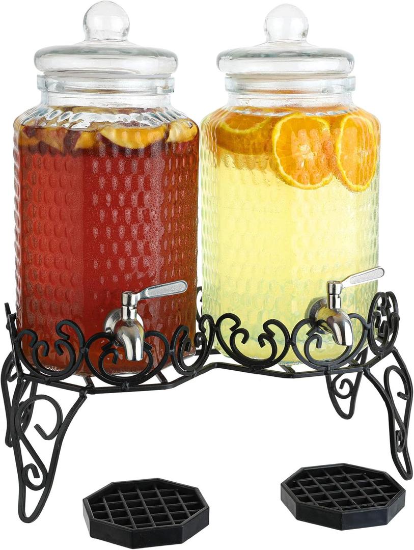 Double Glass Beverage Dispenser Set - 2 Gallon Punch Dispensers with Stand, Spigot, and Drip Trays | Ideal for Juice, Tea, and Party Drinks | Elegant Pitcher for Parties and Events