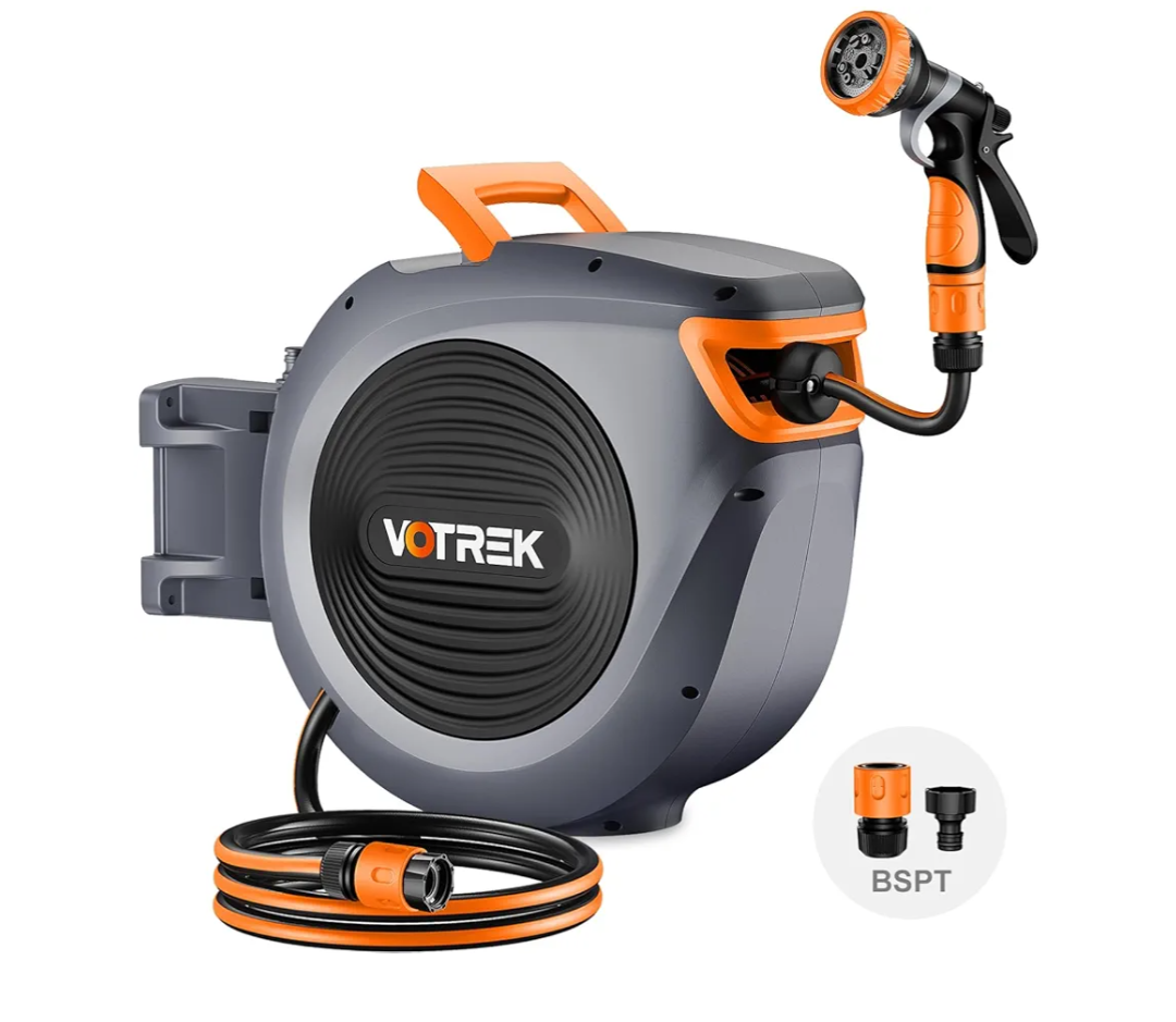 Retractable Garden Hose Reel Outside [1/2 inch ×100 FT], VOTREK Automatic Rewind Wall Mounted Hose Reel [Heavy Duty] with Any Length Lock, 180° Swivel Bracket, 9 Modes Nozzle for Watering Cleaning