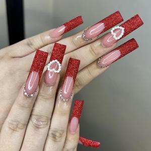 3 x Press On Nails Long Square Fake Glossy Glitter with Rhinestone & Pearl - French Tip Glue on Nails - Artificial, Valentines Day, Acrylic - 24Pcs (Standard)