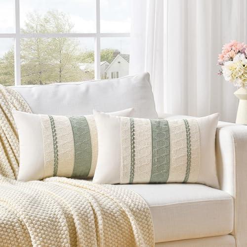 Fancy Homi Set of 2 Sage Green Boho Lumbar Decorative Throw Pillow Covers 12x20 Inch for Living Room Bedroom Couch Bed Chair, Rustic Retro Cushion Case, Bohemian Room Home Decor