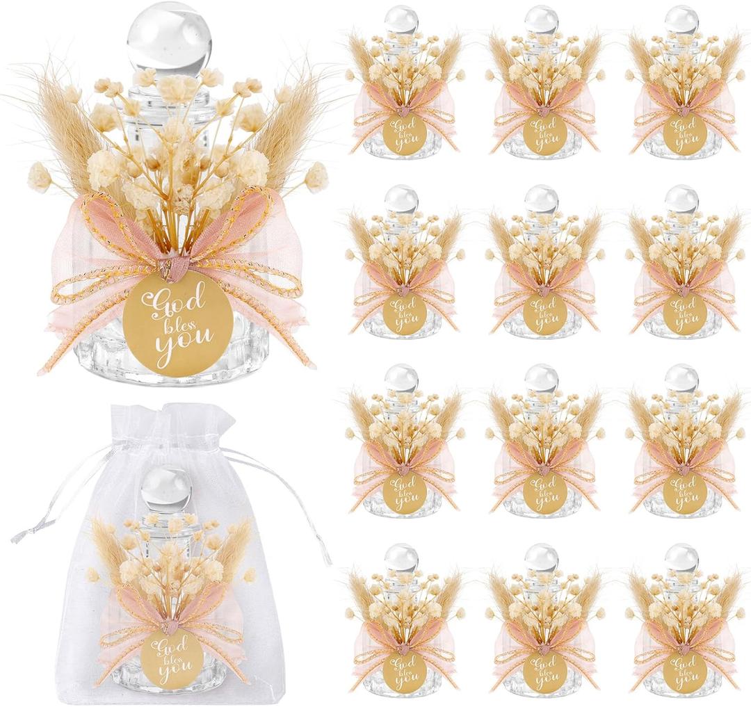 12 Set Holy Water Bottles Catholic Bulk Glass Baptism Favors for Guests Christian Water Container with Floral Organza Bags Bow for Holy Communion Gifts Church Wedding Baptism Decor (Pink, 12)