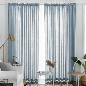 Melodieux Dusty Blue Semi Sheer Curtains 108 Inches Long for Living Room Bedroom, Extra Long Linen Look Rustic Light Filtering Shiny Sheer Drapes Curtains Rod Pocket, 52" W x 108" L, 2 Panels
