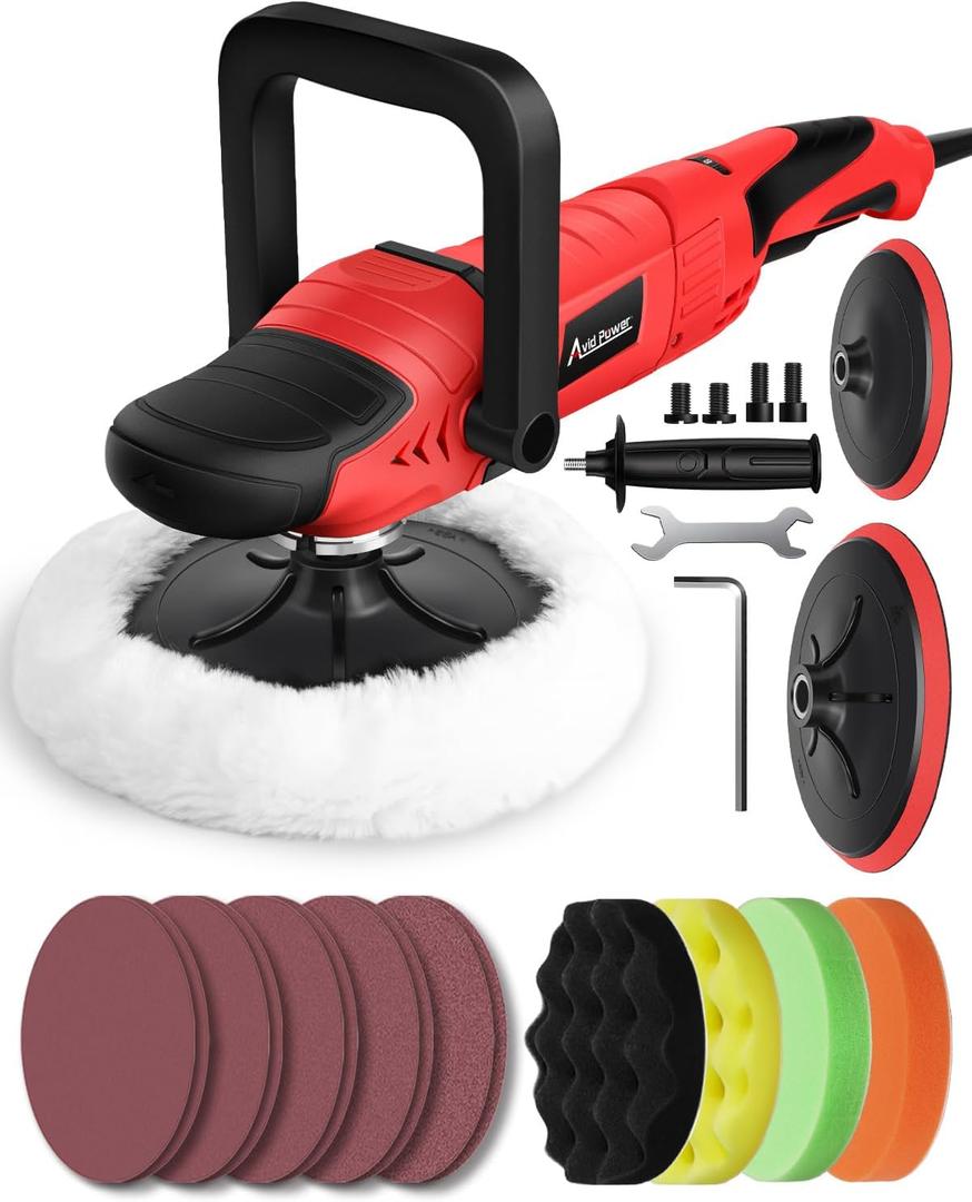 AVID POWER Car Buffer Polisher, 6 Variable Speed 1000-3500 RPM, Rotary Buffer Waxer Kit with 6-inch and 7-Inch Backing Plate, 1200W Car Polisher for Car Detailing, Polishing, Waxing (Dark Red)