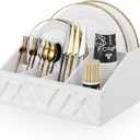 Wooden Paper Plate Caddy Organizer for Countertop, Rustic Paper Plate Dispenser and Holder, Silverware Utensil Caddy for Party with 6 Detachable Compartments for Plate, Cup, Fork, Spoon(White)