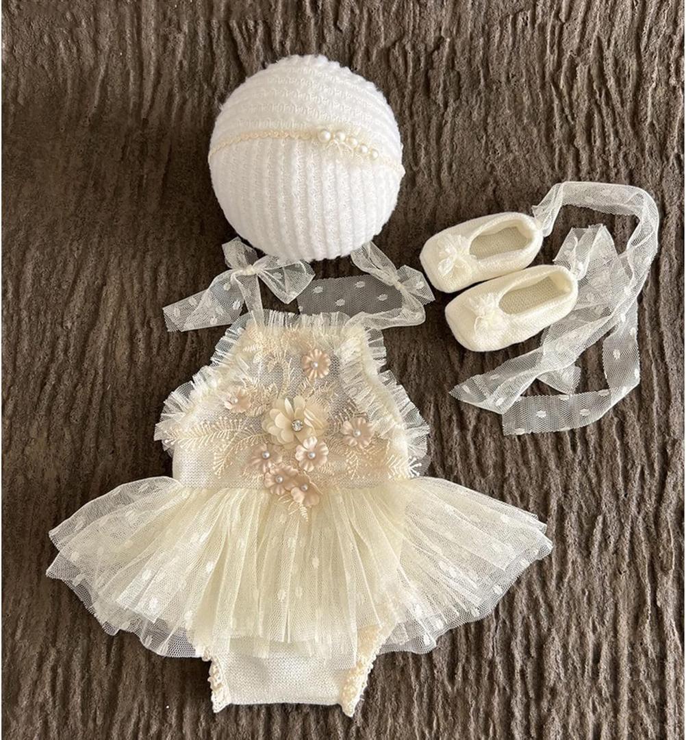 Zeroest Newborn Photography Prop Outfits Girl Lace Outfit Set Baby Girl Photo Shoot Infant Princess Photos Costume (Light Beige)