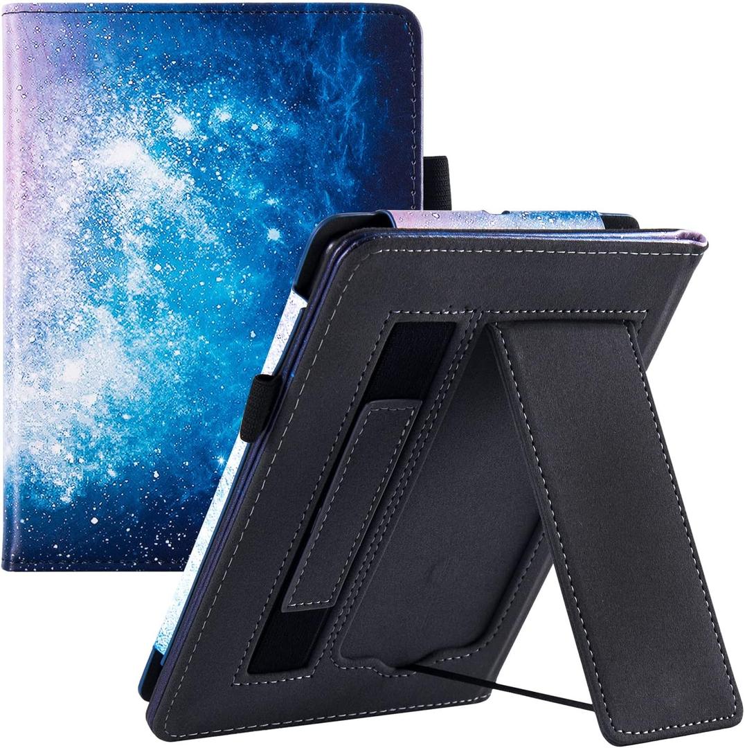 Stand Case for 6.8" Kindle Paperwhite 11th Generation - 2021 & Paperwhite Signature Edition e-Reader - PU Leather Sleeve Cover with Hand Strap/Auto Wake/Sleep, Galaxy