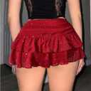 RoseSeek Women's Y2K Sequin Mesh Ruffle Layered Skirts Drop Waist Glitter Ruched Mini Skirt Concert Outfits (Red, L)