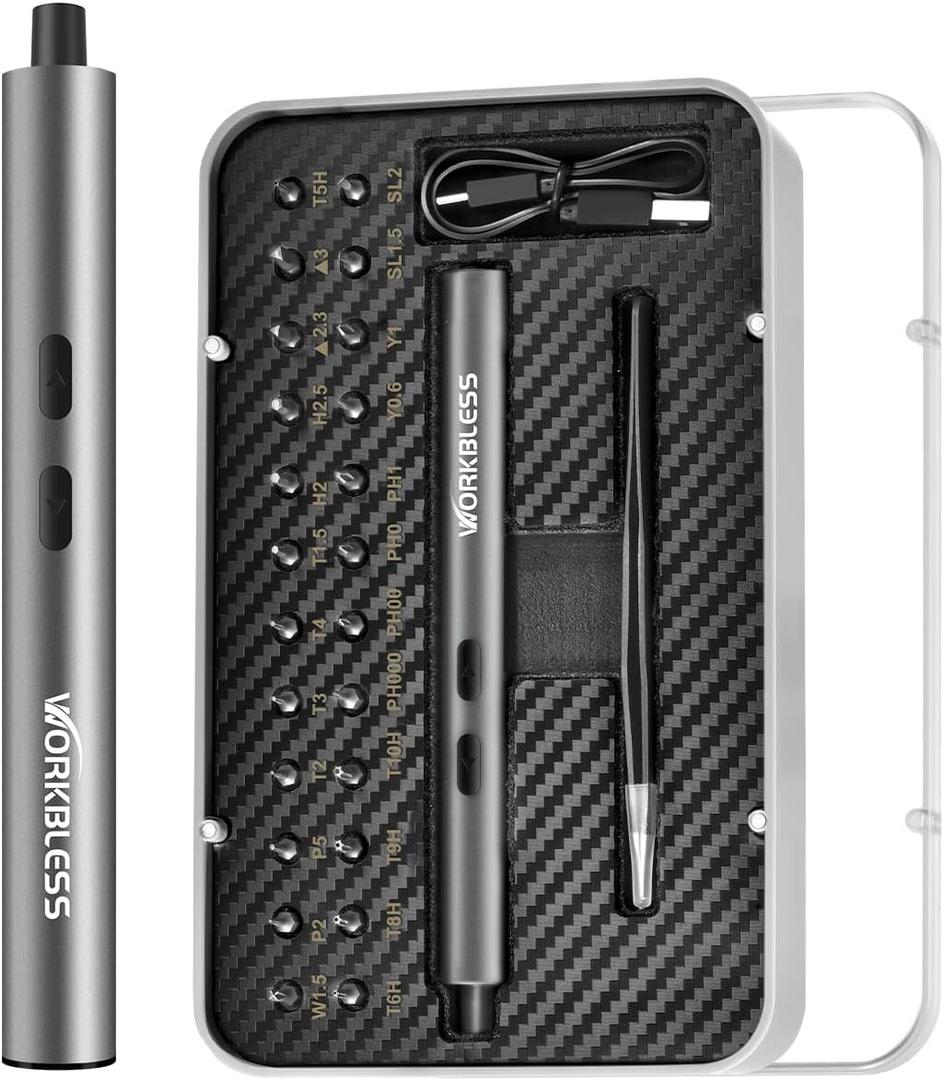 WorkBless Mini Electric Screwdriver, 3.7V Precision Screwdriver Set, 24-in-1 Magnetic Bits, USB-C Rechargeable, Repair Tool Set for Electronics and DIY Projects