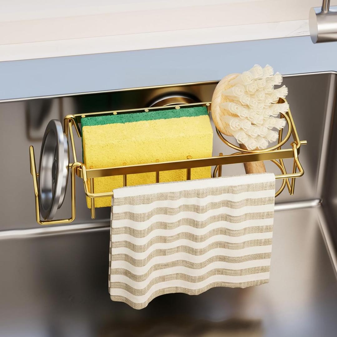 TAILI 4-in-1 Sponge Holder for Kitchen Sink with Strong Suction Cup Removable, Rustproof Stainless Steel Sink Caddy for Sponge, Brush, Scrubber, Scraper -Gold