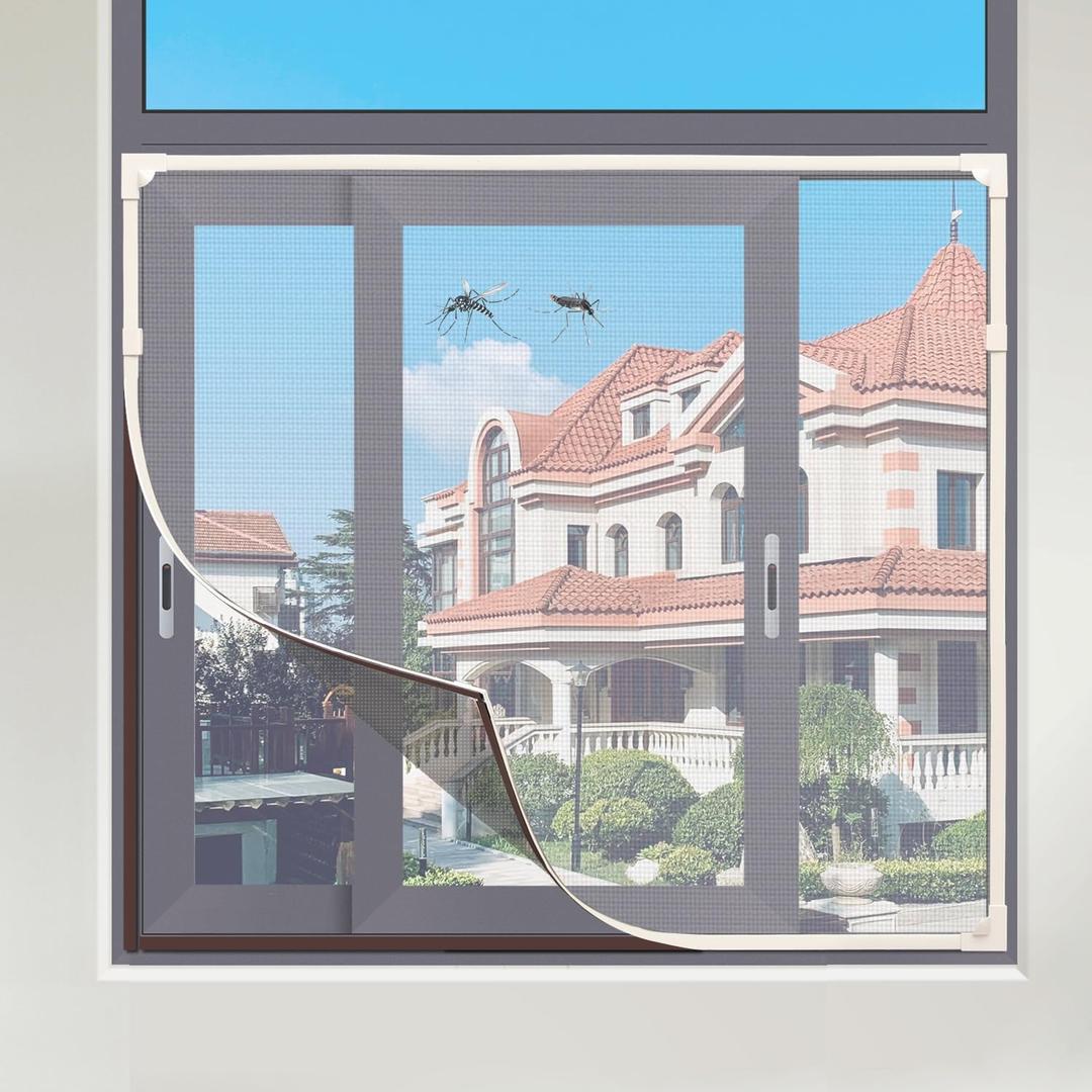 Magnetic Window Screen, DIY Window Screen for House Adjustable Fiberglass Mesh White Frame Grey Net Self Adhesive Easy Installation (35"x57"(89x145cm))
