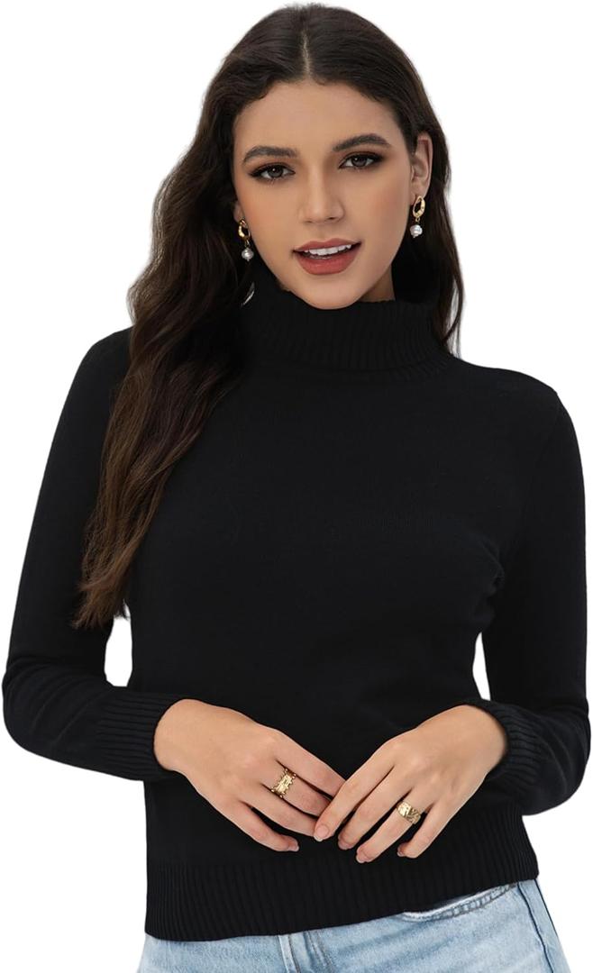 2025 Women's High Neck Long Sleeve Knitted Sweater, Fashionable Women's Long Sleeve Pullover Sweater (X-Large, Black)