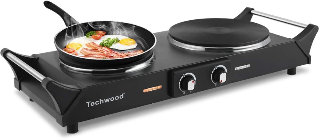 Techwood 1800W Hot Plate Portable Electric Stove Countertop Double Burner with Adjustable Temperature & Stay Cool Handles, 7.5 Cooktop for RV/Home/Camp, Compatible for All Cookwares Double Hot Plate (Black)