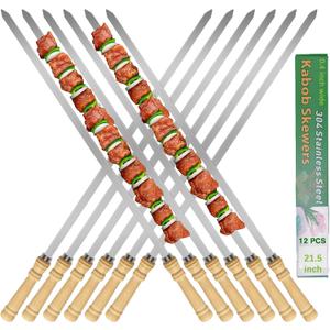 21.5 inch Long Flat Skewers for Kabobs (12 PCS),0.4" Wide 304 Stainless Steel Barbecue Kebab Skewers for Grilling with Wood Handle,Durable for BBQ Metal Kabob Skewer Sticks for Outdoor