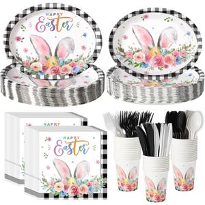 Havawish 350 Pcs Easter Bunny Party Supplies Happy Easter Disposable Tableware Set Buffalo Plaids Eggs Bunny Oval Paper Plates Cups Napkins Fork Knife Spoon for Spring Holiday Party Dinner Table Decor