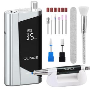 Electric Professional Nail Drill 35000RPM Cordless Portable Nail E-File Buffer Tools with Bits Perfect for Salon Manicure Pedicure Acrylic, Gel, Natural Nails(Sky Silver)