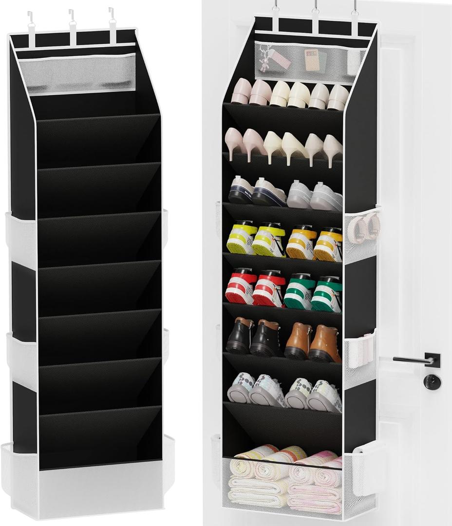 Criusia Shoe Organizer, Over the Door Shoe Organizer for Closet, Hanging Closet Shoe Storage with Large Deep Pockets, Holds Sneakers, Sandals, Boots, Fits 1624 Pairs, Black