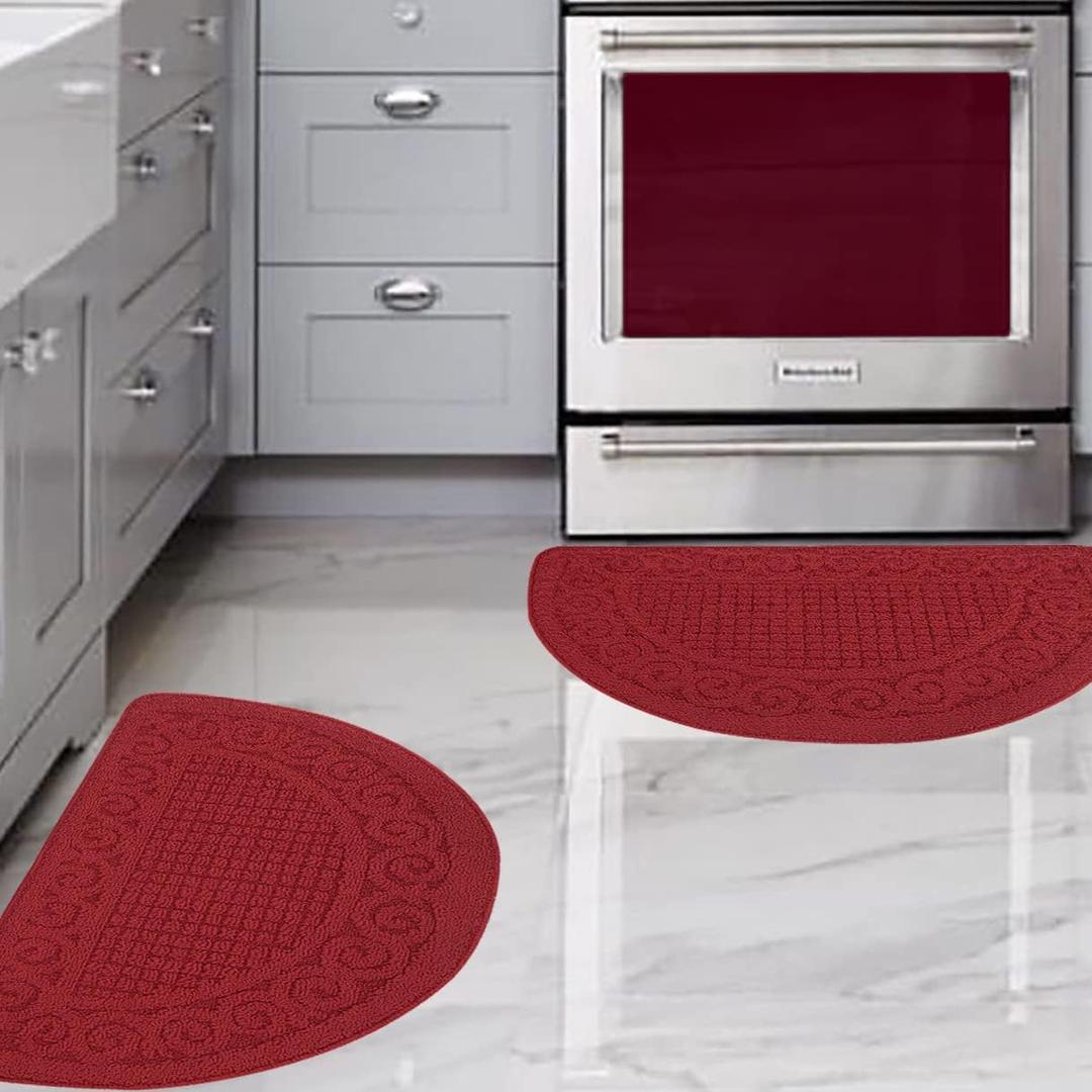 Kitchen Rugs Mats for Floor 2 Piece 18X30, Non Slip Washable Kitchen Mat, Absorbent Standing Throw Rug,Half Circle Carpet for Front of Sink,Laundry Room,Entryway, Red