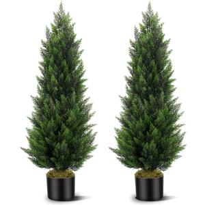 Artificial Topiary Cedar Trees 4FT Tall 2 Set, Outdoor Indoor Faux Pine Shrubs Plants, Realistic Fake Plants Front Porch Decor, Artificial Bushes Cypress for Home Front Door Offices (Green)