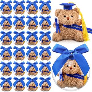 75 Pcs 2026 Mini Graduation Bear Bulk Set with 25 Graduation Gift Mini Stuffed Bears 25 Clear Plastic Fillable Ornament Balls and 25 Bow 2026 Party Favors(Blue)