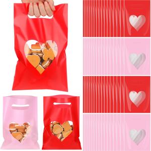 100 Pcs Pink Red Gift Bag with Handle 9.84''x 6.5'' Small Plastic Bags with Heart Shaped Window Mother's Day Party Favors for Gifts Wrapping Wedding Bridal Birthday Party Supplies Decoration