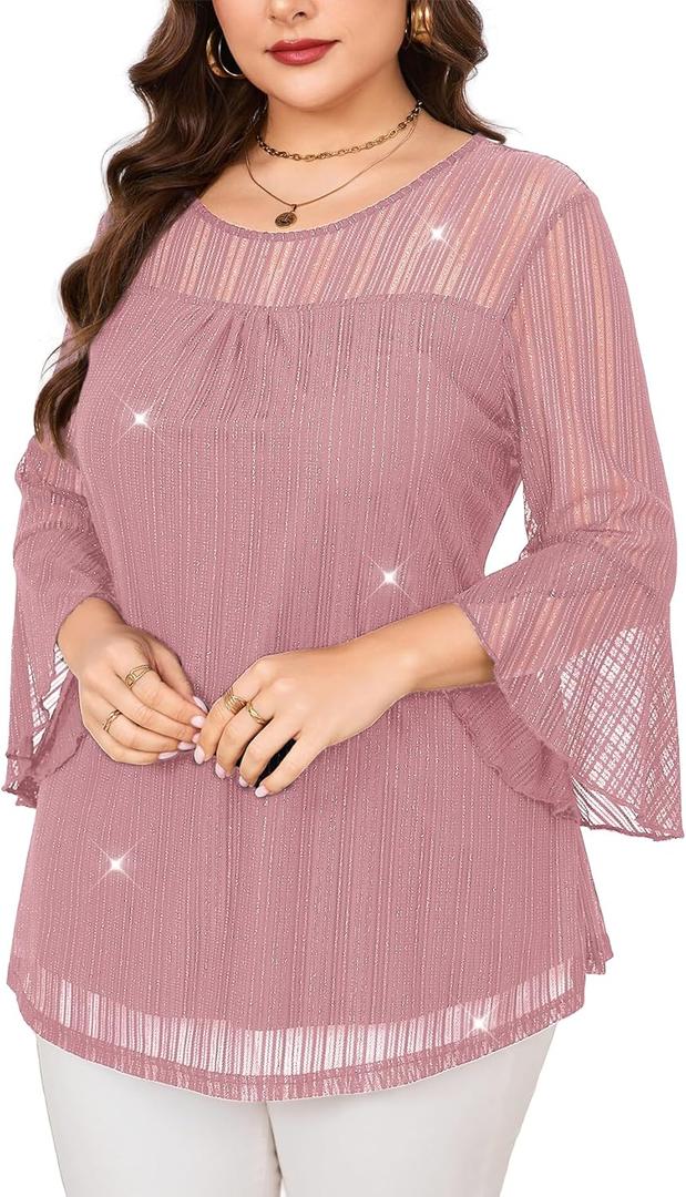 ZOMVA Women's Plus Size Ruffle 3/4 Sleeve Blouses Casual Elegant Dressy Crew Neck Double Layers Sparkly Mesh Tunic Tops (XX-Large Plus, Pink)