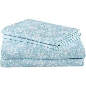 Comfort Spaces Cotton Flannel Sheets Full Size, Ultra Soft Flannel Sheet Set with 12" Elastic Pocket , Novelty Print Warm Flannel Bedding, Blue Snowflakes 4 Piece