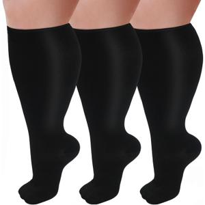 3 Pairs Plus Size Compression Socks for Women and Men Wide Calf 20-30mmhg Extra Large Knee High Support for Circulation (Black)