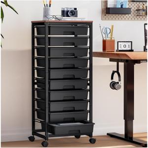SYKIARIOL Rolling Cart with Drawers,10 Drawer Rolling Cart,Rolling storage cart with drawers,Black Rolling Drawer Cart,Teacher Rolling Cart for Classroom Storage,Craft Cart with Wooden Tabletop